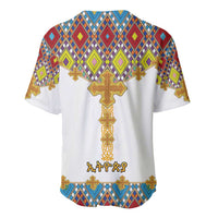 White baseball jersey back with geometric diamond pattern and central gold cross