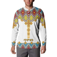 White button sweatshirt with diamond pattern and gold cross, crew neck long sleeves