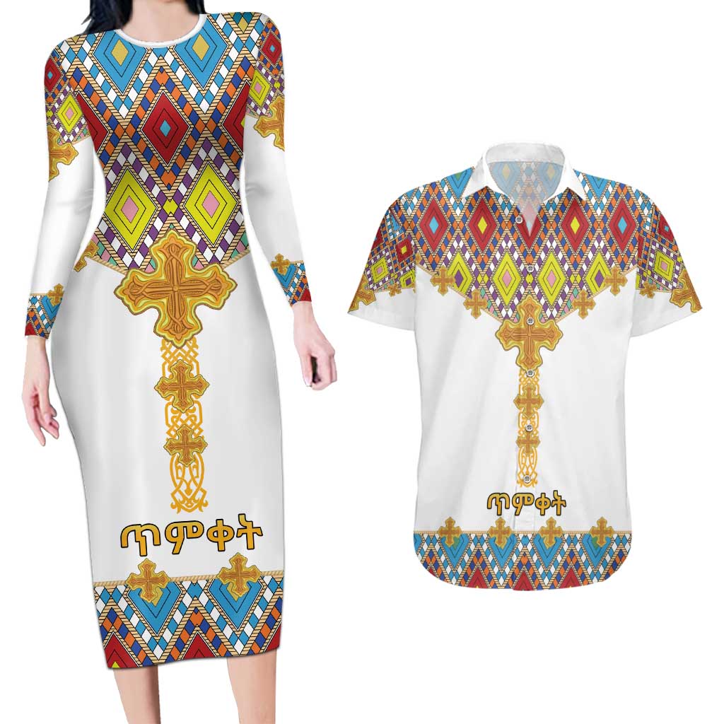 Ethiopian Epiphany Couples Matching Long Sleeve Bodycon Dress and Hawaiian Shirt Cross Mix Tilet Pattern