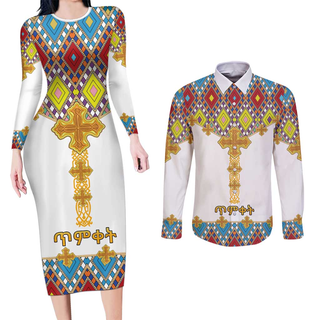 Ethiopian Epiphany Couples Matching Long Sleeve Bodycon Dress and Long Sleeve Button Shirt Cross Mix Tilet Pattern