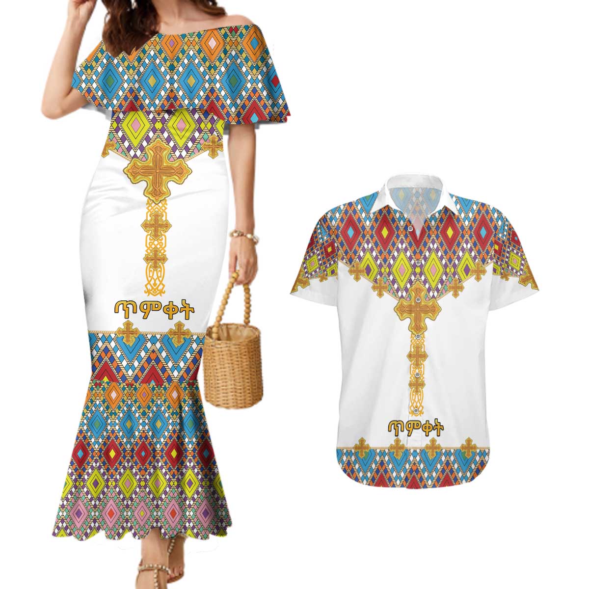 Ethiopian Epiphany Couples Matching Mermaid Dress and Hawaiian Shirt Cross Mix Tilet Pattern