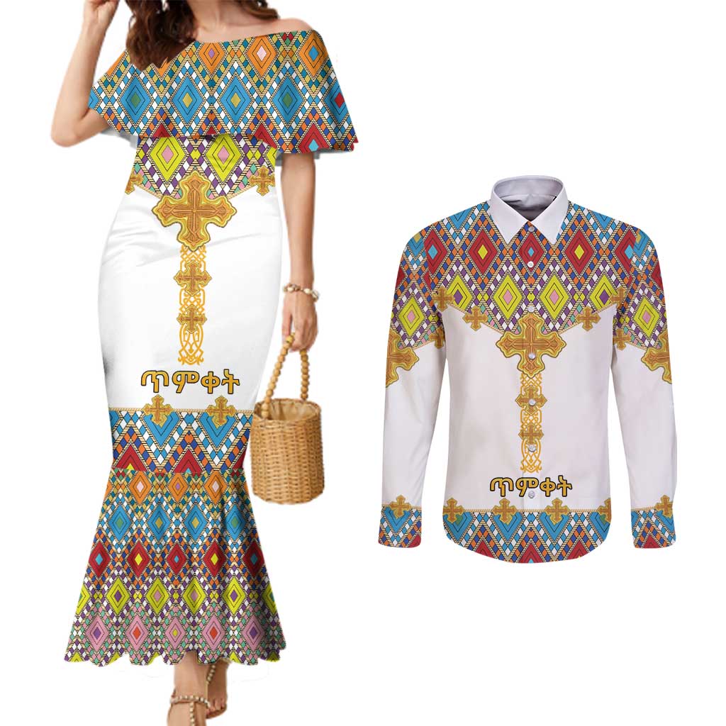 Ethiopian Epiphany Couples Matching Mermaid Dress and Long Sleeve Button Shirt Cross Mix Tilet Pattern