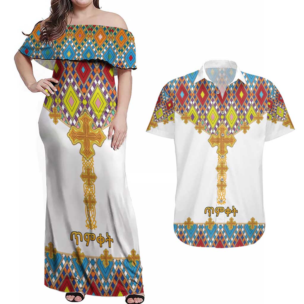 Ethiopian Epiphany Couples Matching Off Shoulder Maxi Dress and Hawaiian Shirt Cross Mix Tilet Pattern