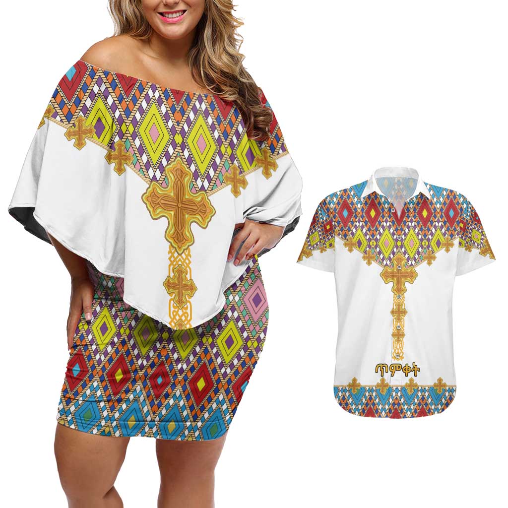 Ethiopian Epiphany Couples Matching Off Shoulder Short Dress and Hawaiian Shirt Cross Mix Tilet Pattern