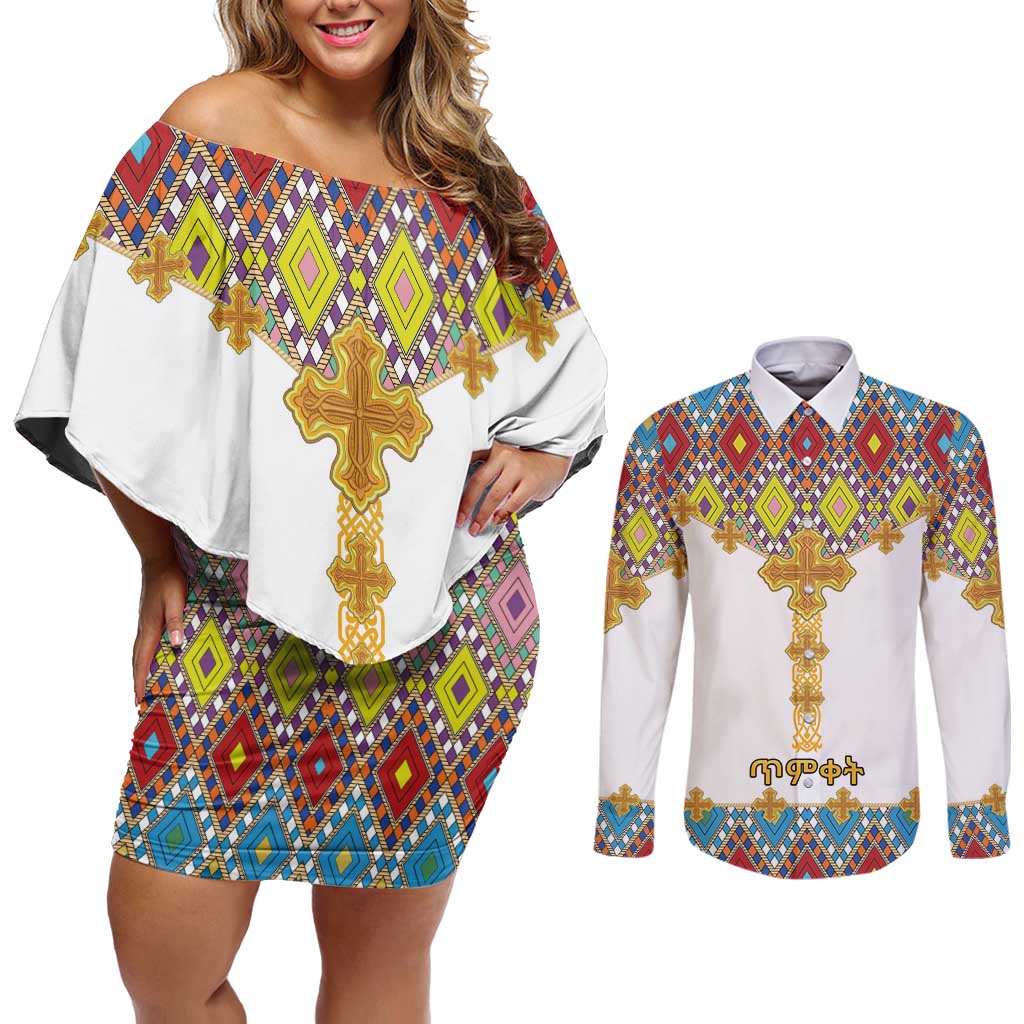 Ethiopian Epiphany Couples Matching Off Shoulder Short Dress and Long Sleeve Button Shirt Cross Mix Tilet Pattern