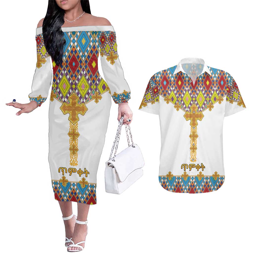 Ethiopian Epiphany Couples Matching Off The Shoulder Long Sleeve Dress and Hawaiian Shirt Cross Mix Tilet Pattern