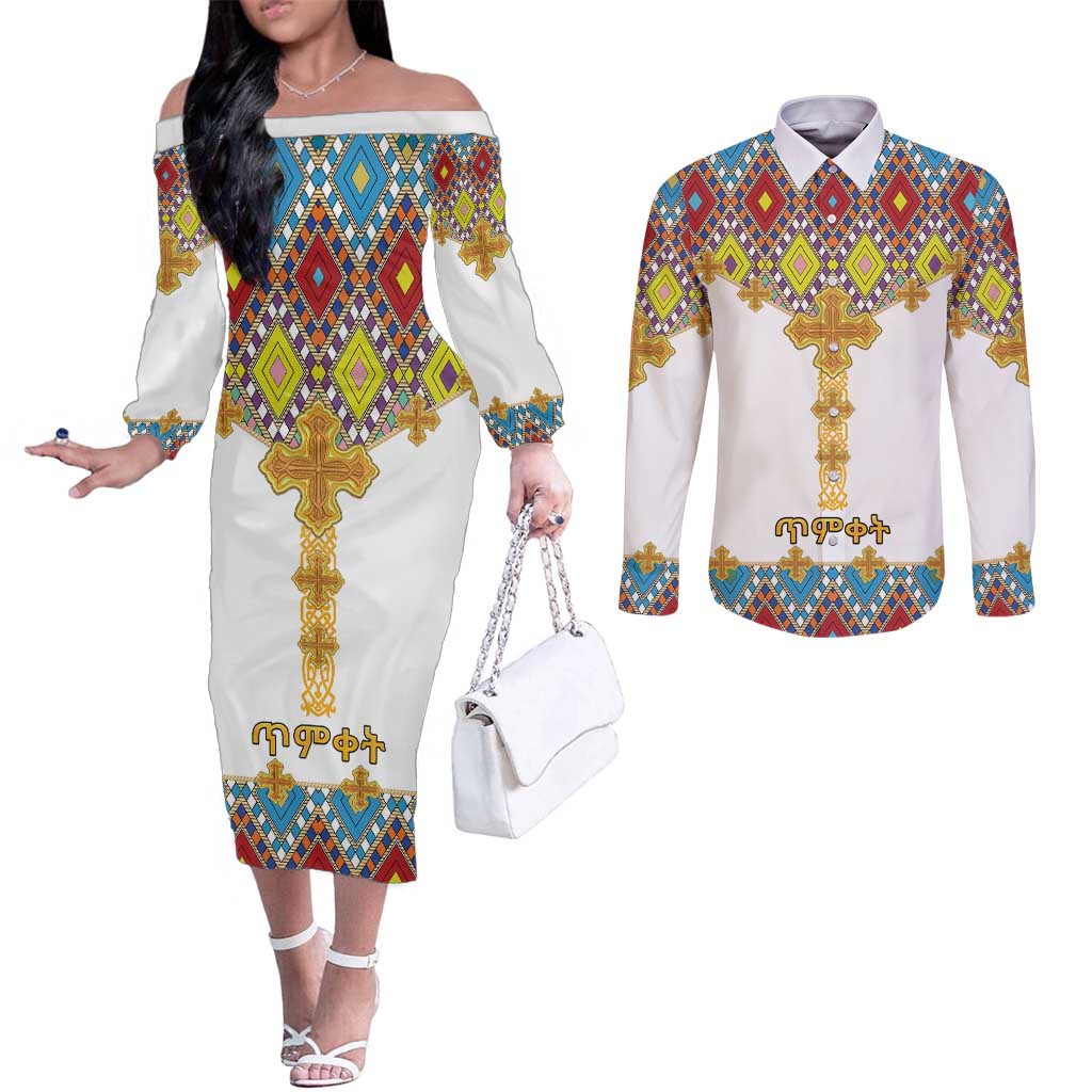 Ethiopian Epiphany Couples Matching Off The Shoulder Long Sleeve Dress and Long Sleeve Button Shirt Cross Mix Tilet Pattern