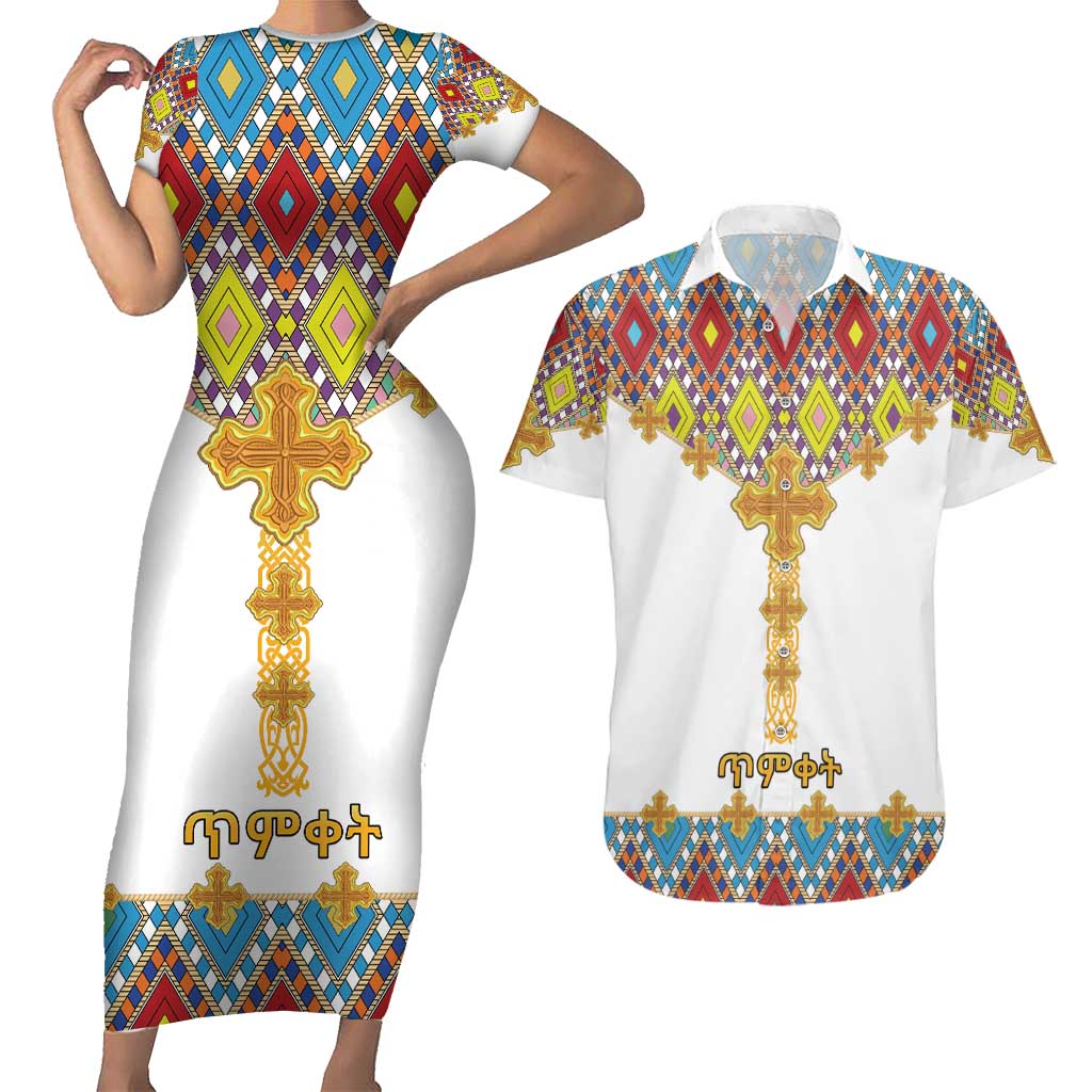 Ethiopian Epiphany Couples Matching Short Sleeve Bodycon Dress and Hawaiian Shirt Cross Mix Tilet Pattern