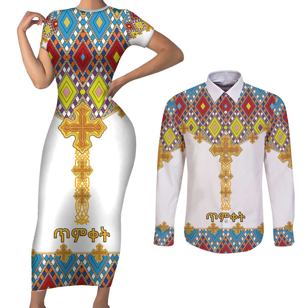 Ethiopian Epiphany Couples Matching Short Sleeve Bodycon Dress and Long Sleeve Button Shirt Cross Mix Tilet Pattern