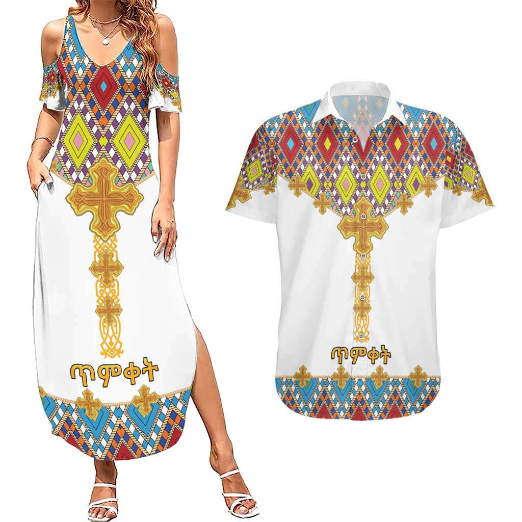 Ethiopian Epiphany Couples Matching Summer Maxi Dress and Hawaiian Shirt Cross Mix Tilet Pattern