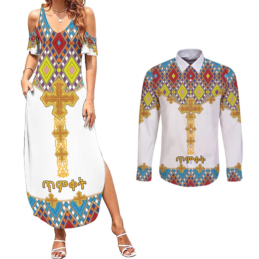 Ethiopian Epiphany Couples Matching Summer Maxi Dress and Long Sleeve Button Shirt Cross Mix Tilet Pattern