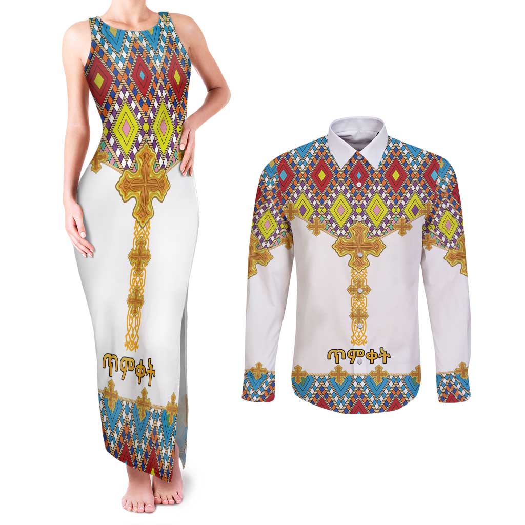 Ethiopian Epiphany Couples Matching Tank Maxi Dress and Long Sleeve Button Shirt Cross Mix Tilet Pattern