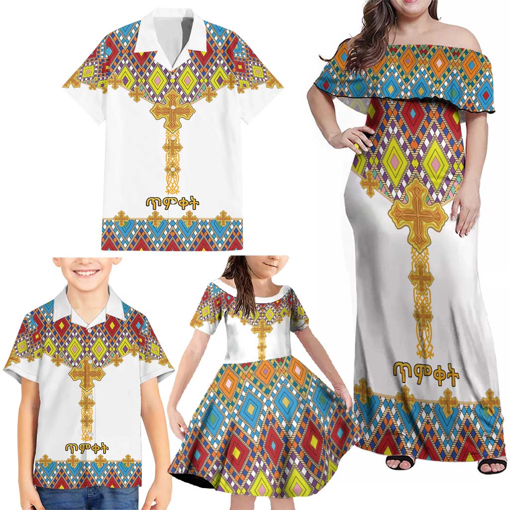 Ethiopian Epiphany Family Matching Off Shoulder Maxi Dress and Hawaiian Shirt Cross Mix Tilet Pattern