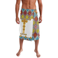 Tile-pattern sarong-style lavalava with gold cross applique, multicolor geometric print