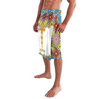 Tile-pattern sarong-style lavalava with gold cross detail and front fringe