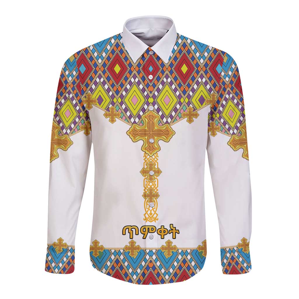 Unisex long-sleeve button shirt, white with colorful cross tile print front