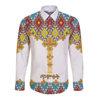 Unisex long-sleeve button shirt, white with colorful cross tile print front