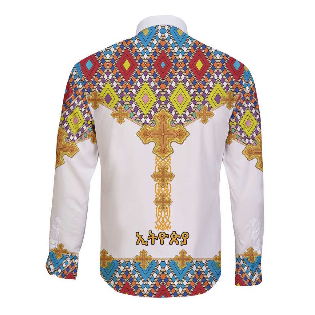 Unisex long-sleeve button shirt, white with colorful cross tile print back