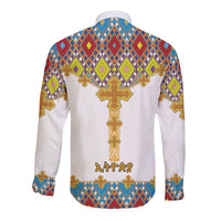 Unisex long-sleeve button shirt, white with colorful cross tile print back