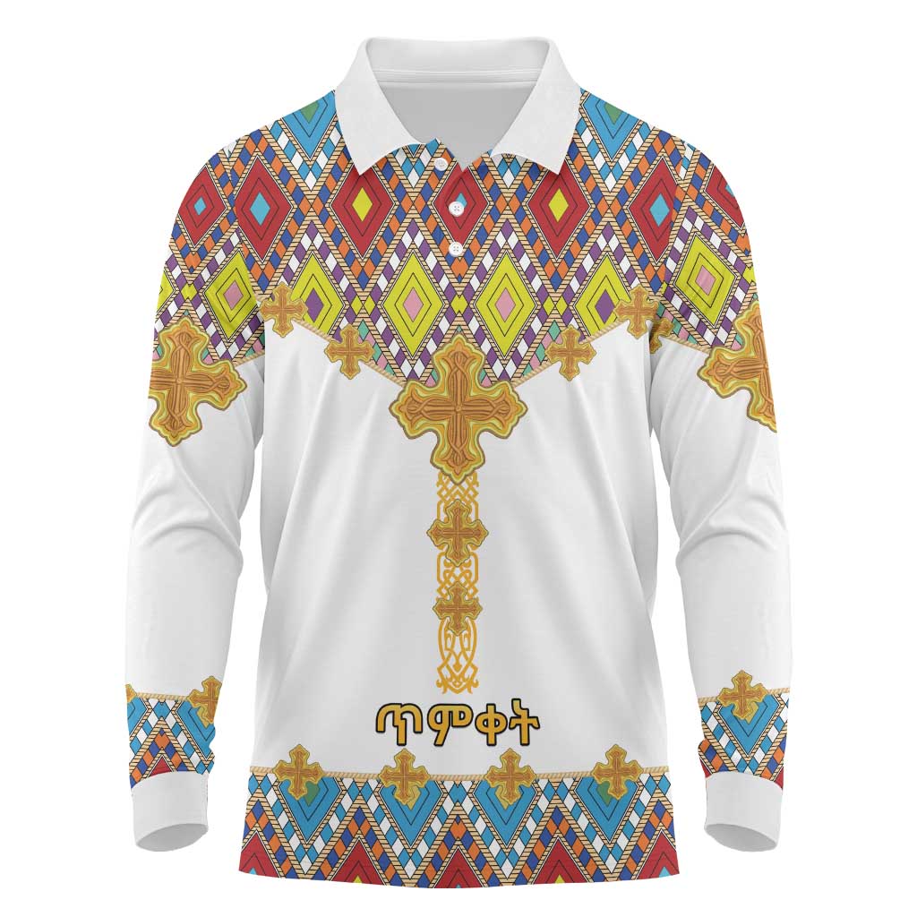 Ethiopian Epiphany Long Sleeve Polo Shirt Cross Mix Tilet Pattern