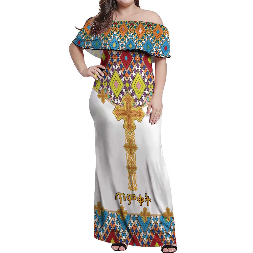 Ethiopian Epiphany Off Shoulder Maxi Dress Cross Mix Tilet Pattern