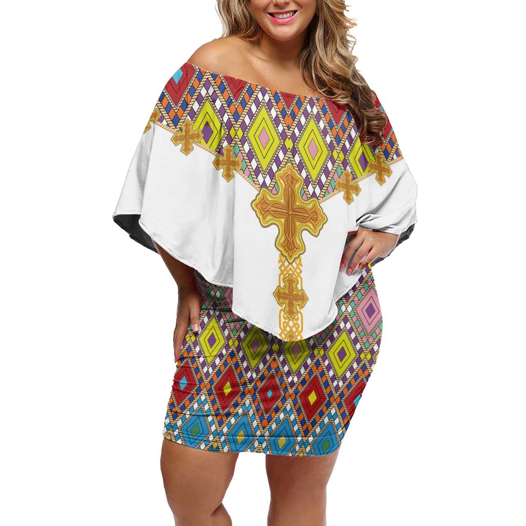 Ethiopian Epiphany Off Shoulder Short Dress Cross Mix Tilet Pattern