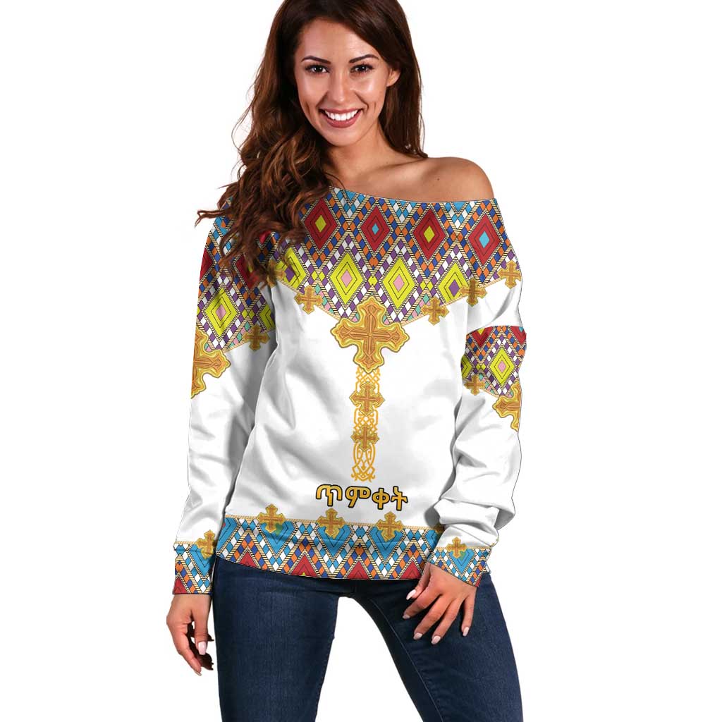 Ethiopian Epiphany Off Shoulder Sweater Cross Mix Tilet Pattern