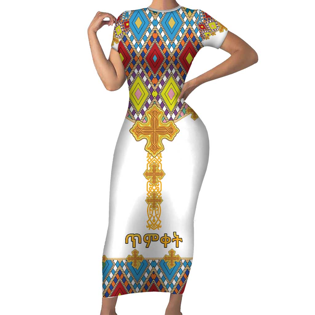 Ethiopian Epiphany Short Sleeve Bodycon Dress Cross Mix Tilet Pattern