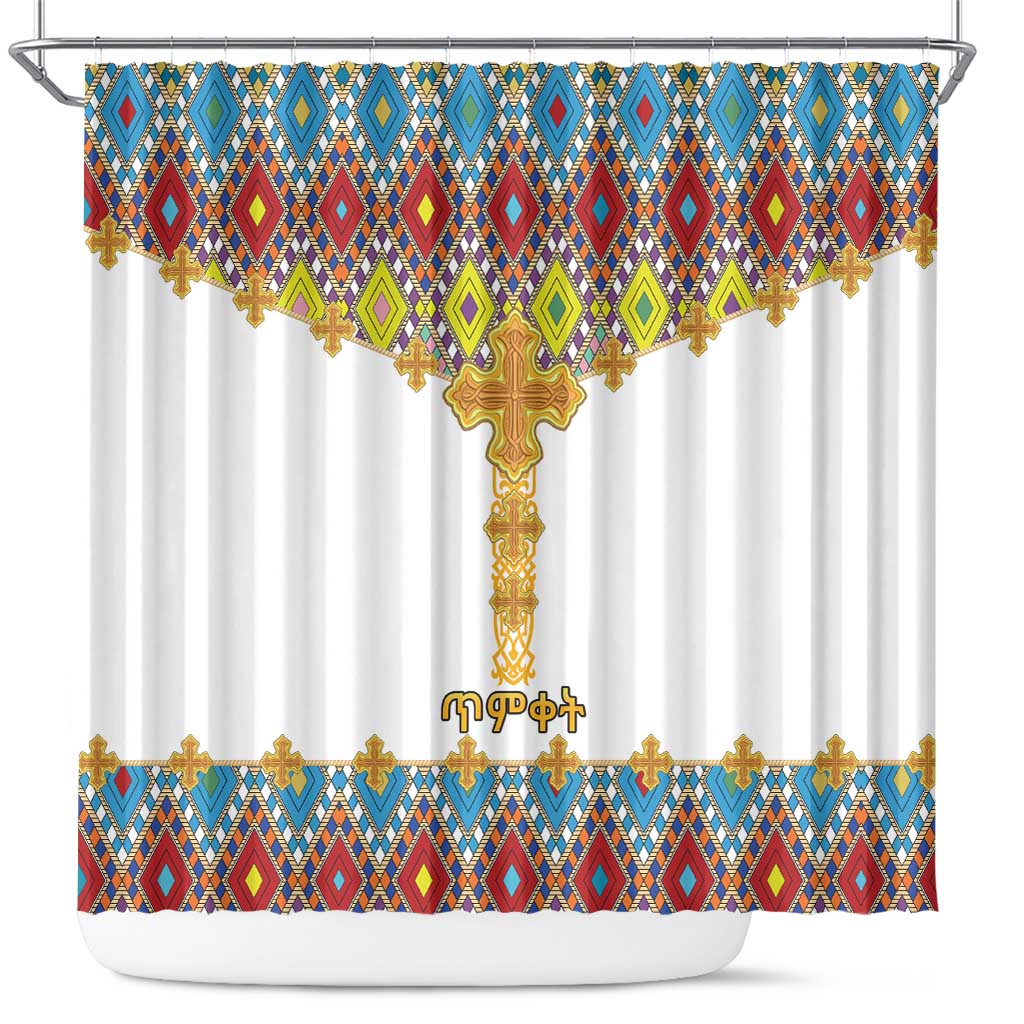 Ethiopian Epiphany Shower Curtain Cross Mix Tilet Pattern