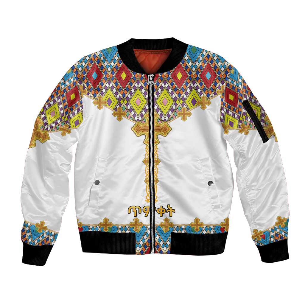 Ethiopian Epiphany Sleeve Zip Bomber Jacket Cross Mix Tilet Pattern