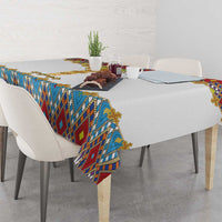 Dining table tablecloth with colorful geometric runner pattern and gold cross motifs