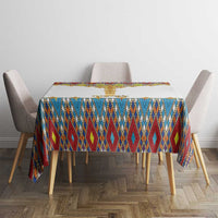 Geometric patterned tablecloth with multicolor diamond tiles and gold cross border