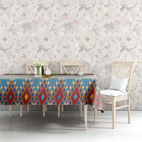 Tablecloth covering dining table, multicolor geometric tile pattern with gold cross edge