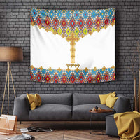 Wall tapestry with white center, multicolor diamond border, and golden cross design