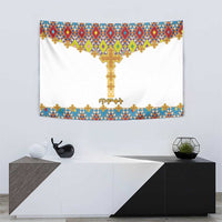 Wall tapestry with centered golden cross, multicolor geometric trim, and gold lettering