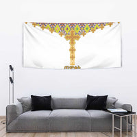 Wall tapestry with large golden cross on white fabric and multicolor diamond border