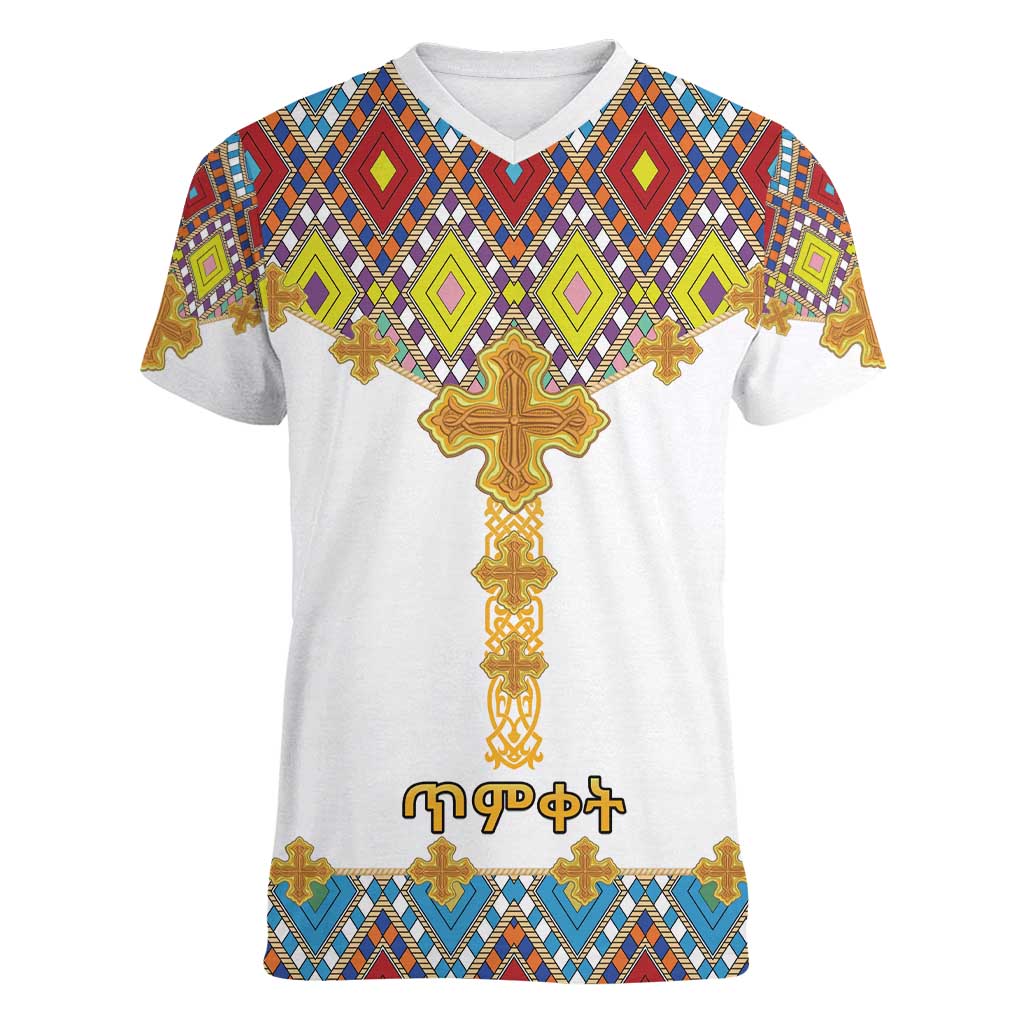 Ethiopian Epiphany Women V-Neck T-Shirt Cross Mix Tilet Pattern