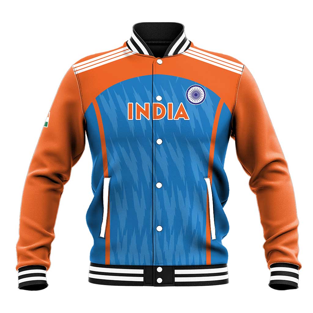 Two-tone blue and orange baseball jacket with snap buttons, ribbed collar and India graphic