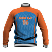 Back view baseball jacket, orange and blue with ribbed cuffs and YOUR TEXT 15