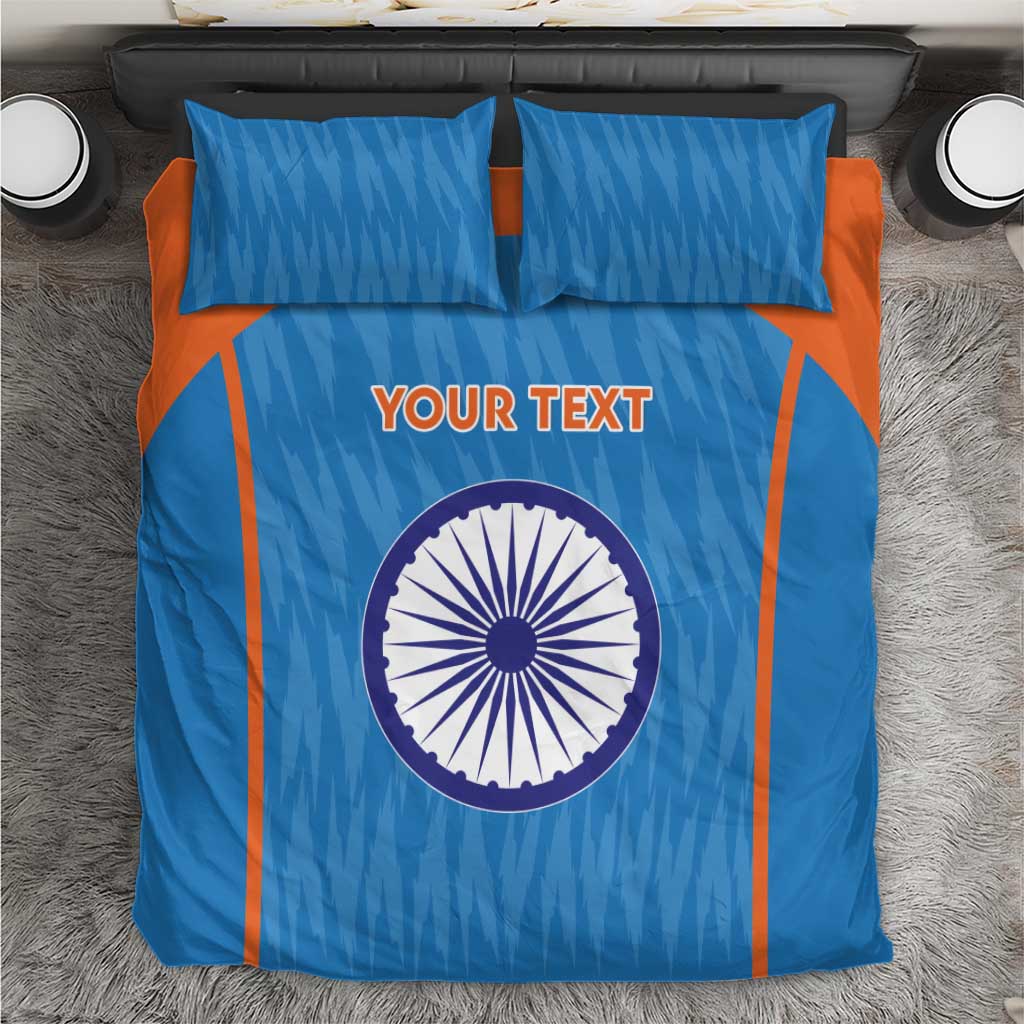 Blue and orange duvet cover set with circular India emblem and pillowcases