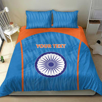 Blue duvet cover set featuring orange border lines and circular India emblem on front
