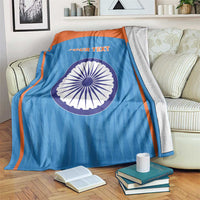 Blue custom cricket blanket with orange trim, Indian emblem circle and 'YOUR TEXT'.