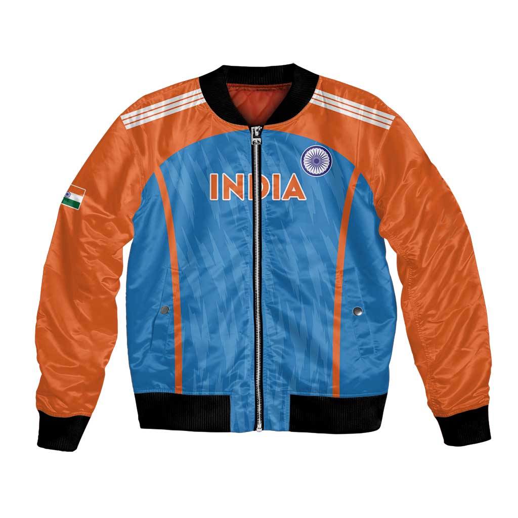 Blue and orange cricket bomber jacket with full-zip, black ribbed collar and cuffs, India logo
