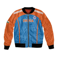 Blue and orange cricket bomber jacket with full-zip, black ribbed collar and cuffs, India logo