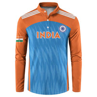 Men's India cricket button sweatshirt, orange sleeves and blue front with INDIA print