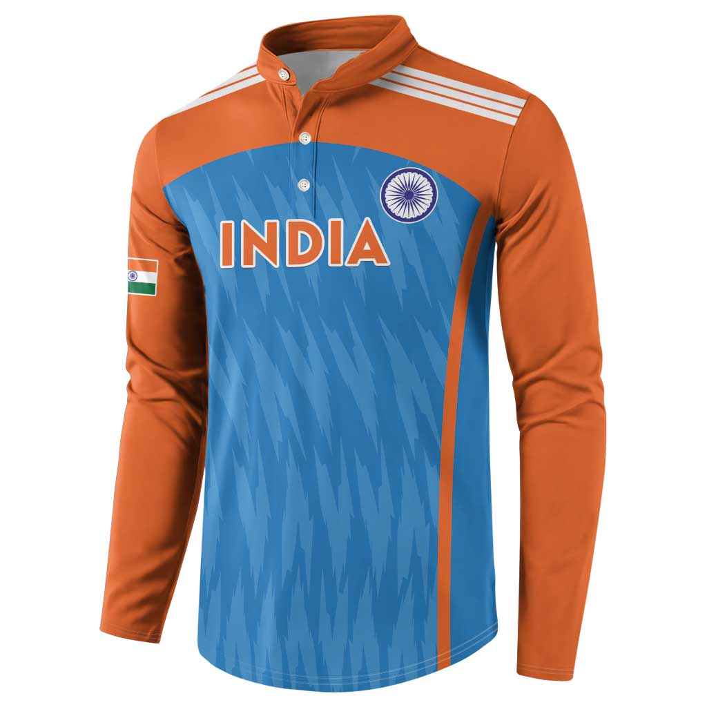 Men's cricket button sweatshirt, orange and blue long sleeves with INDIA crest