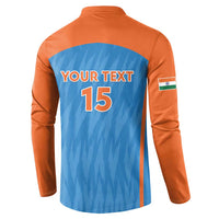 Men's cricket button sweatshirt back, blue panel with YOUR TEXT 15 and orange sleeves