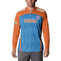 Men's cricket button sweatshirt on model, orange shoulders and blue front with INDIA logo