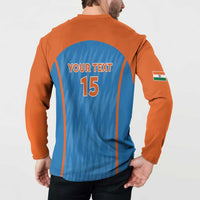 Men's cricket button sweatshirt back view, blue panel with YOUR TEXT 15
