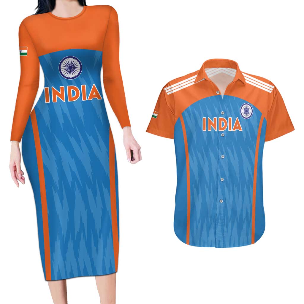 Custom India Cricket Couples Matching Long Sleeve Bodycon Dress and Hawaiian Shirt Go Men in Blue - Wonder Print Shop